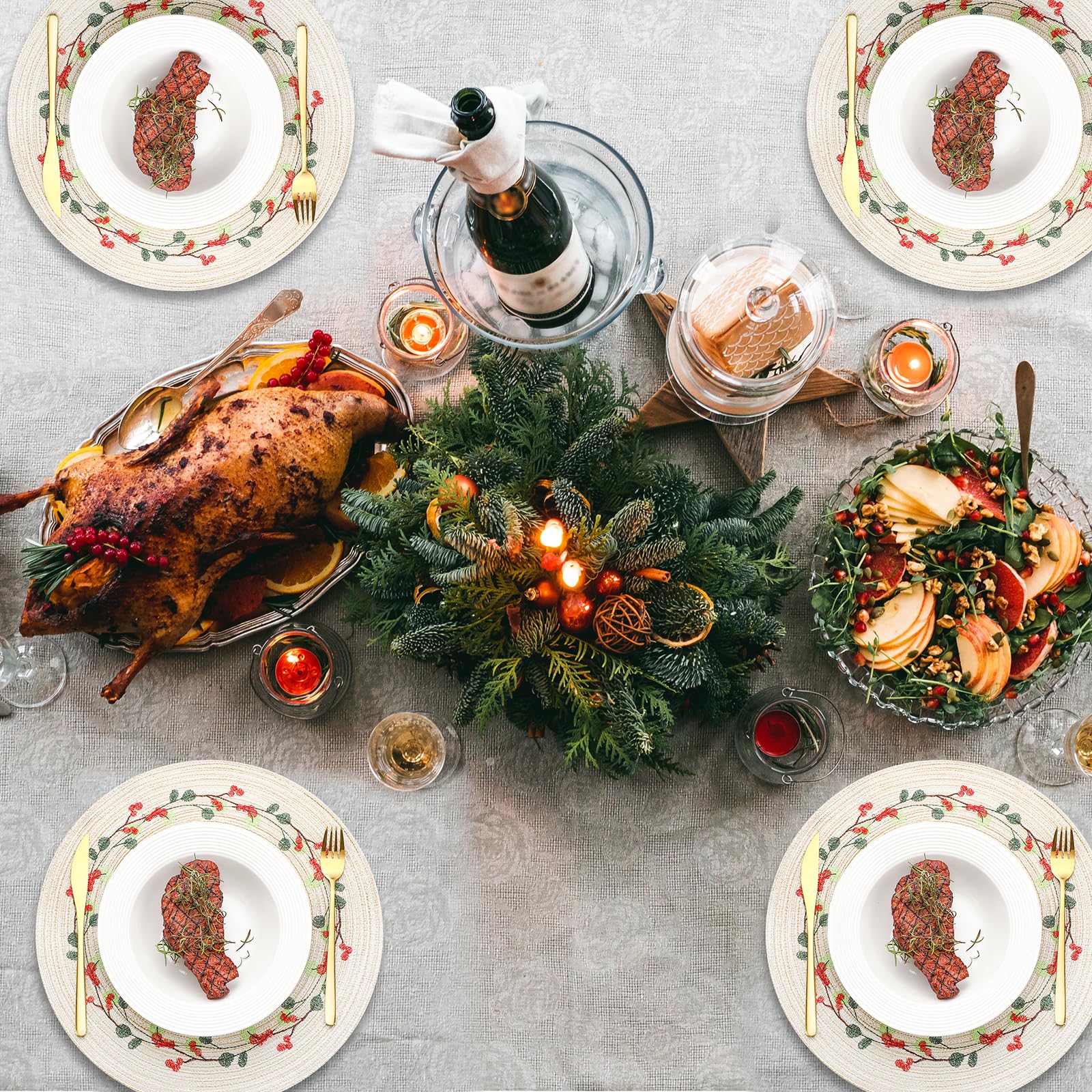 Buryeah placemat placed on a styled dining table showing instant holiday atmosphere benefit