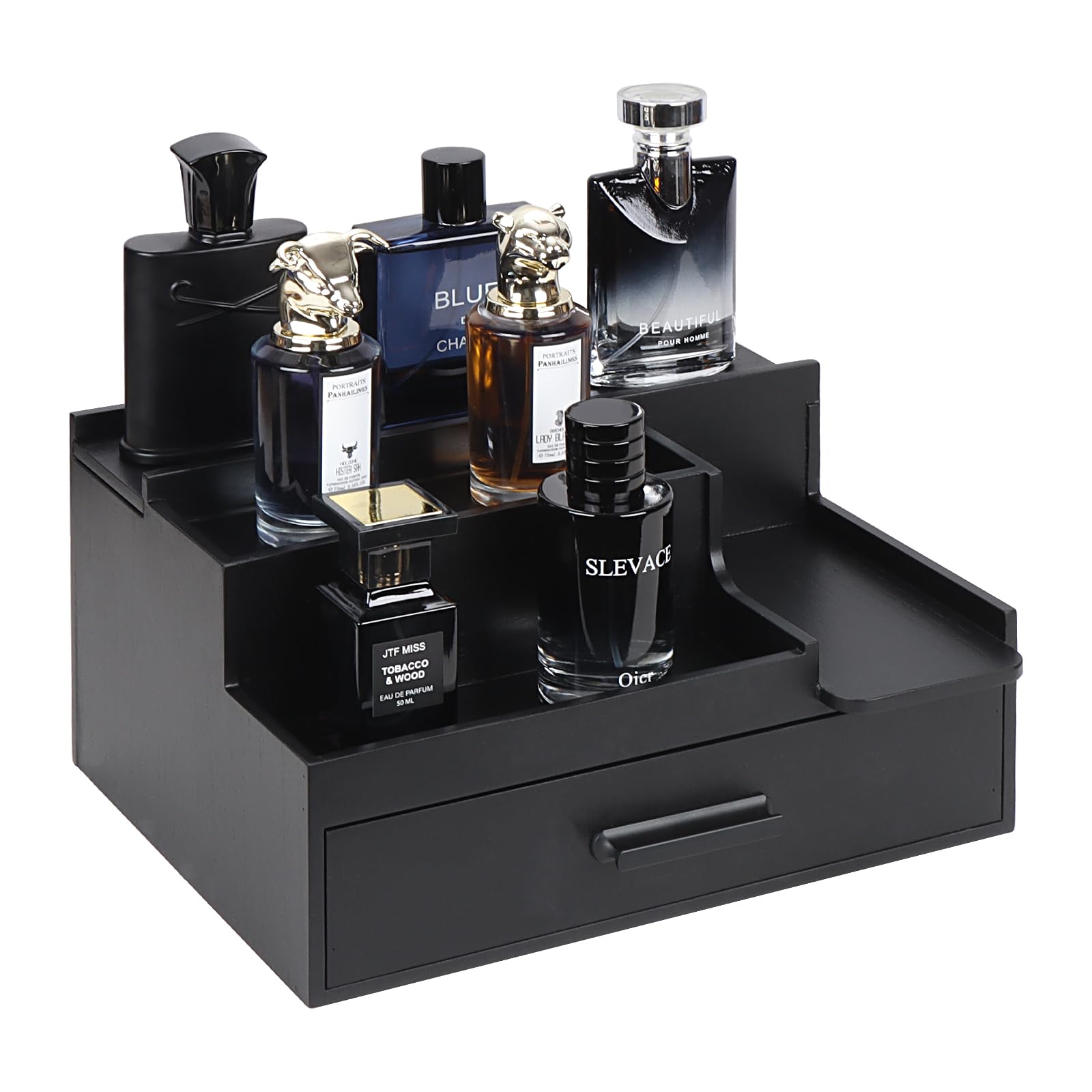 Butizone front view of black perfume shelf showing organized bottles and tidy display
