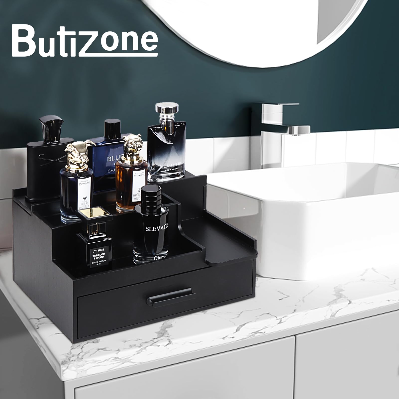 Butizone lifestyle dresser display creating an organized, masculine grooming area