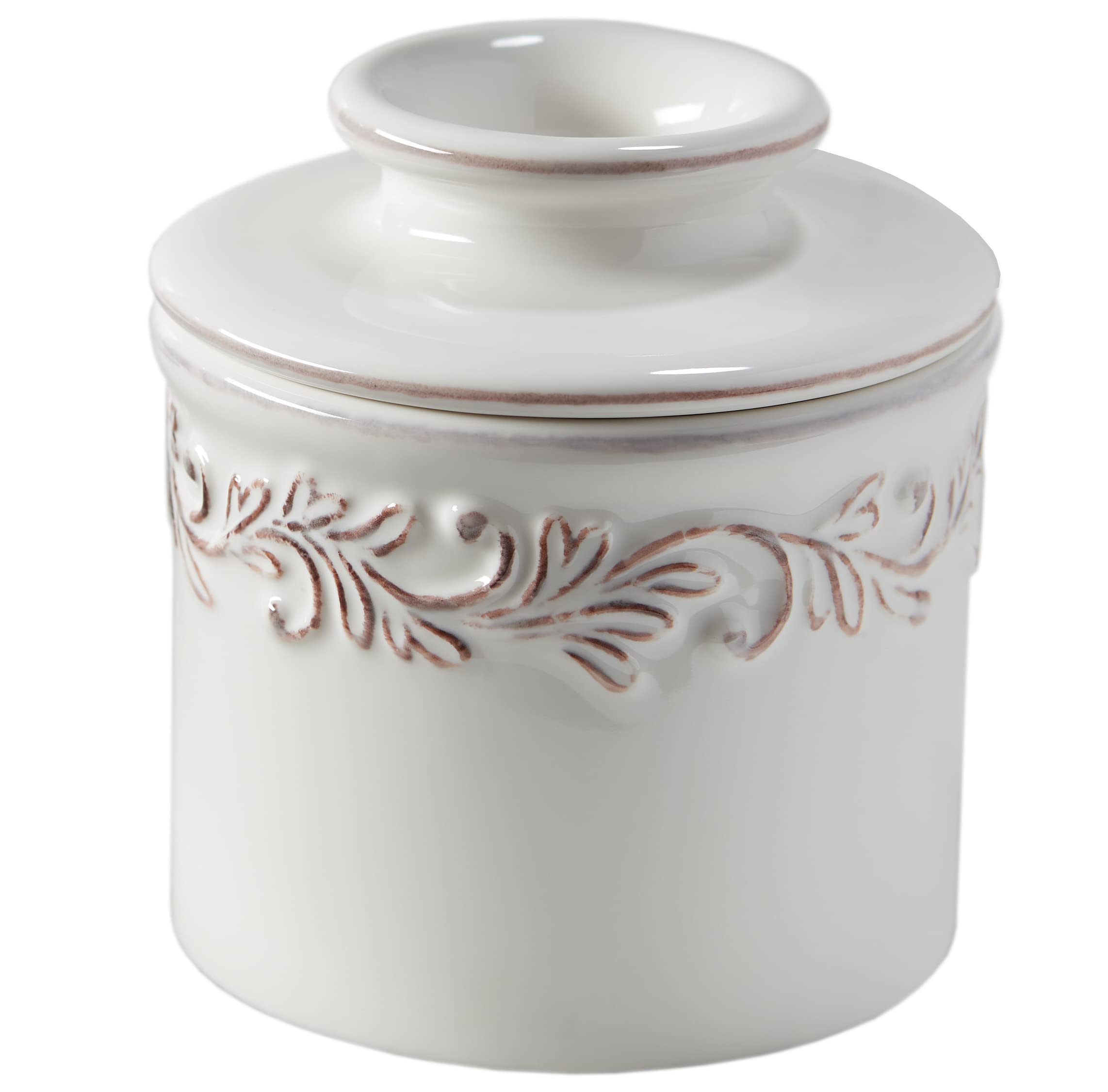 Butter Bell front view in White Linen showing elegant embossed design and benefit of countertop style