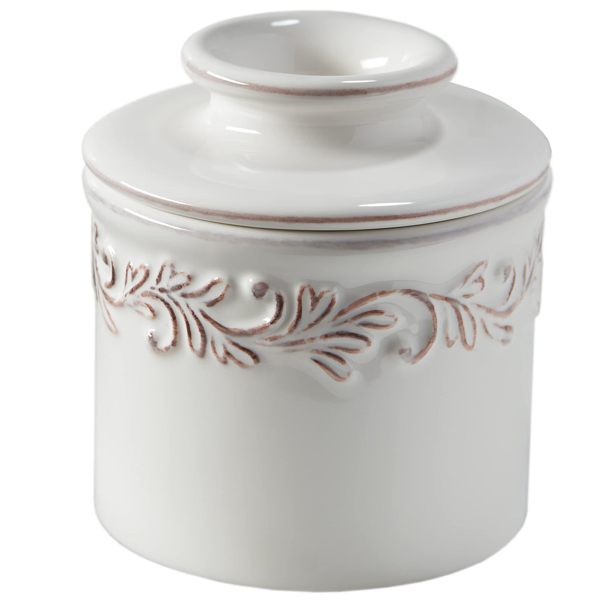 Butter Bell front view in White Linen showing elegant embossed design and benefit of countertop style