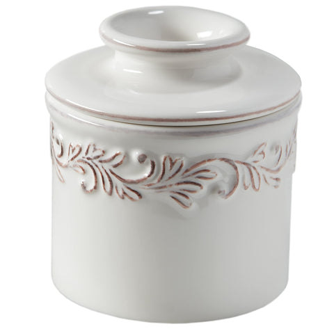 Butter Bell front view in White Linen showing elegant embossed design and benefit of countertop style