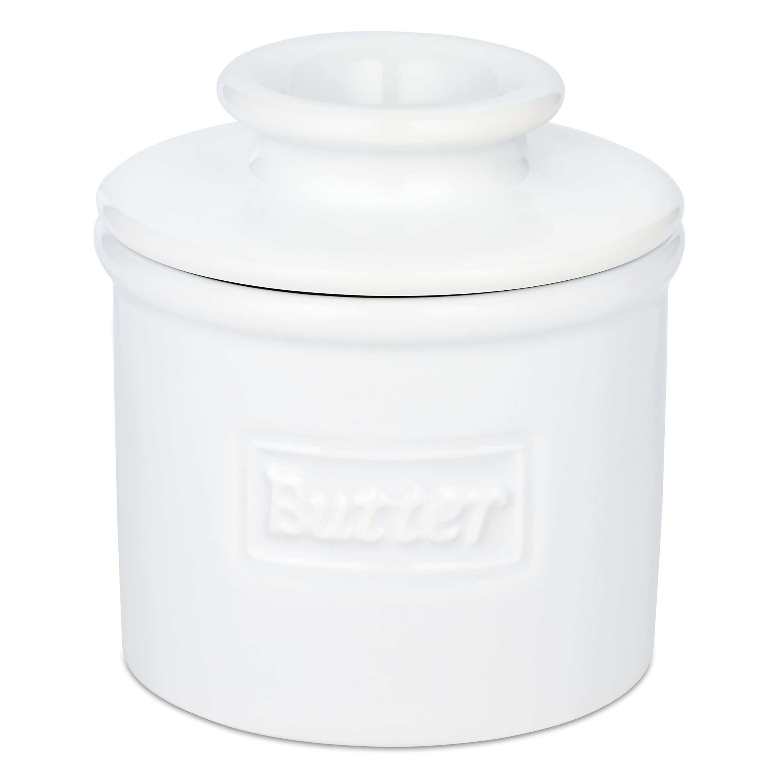 Butter Bell front view showing glossy white finish and easy countertop storage