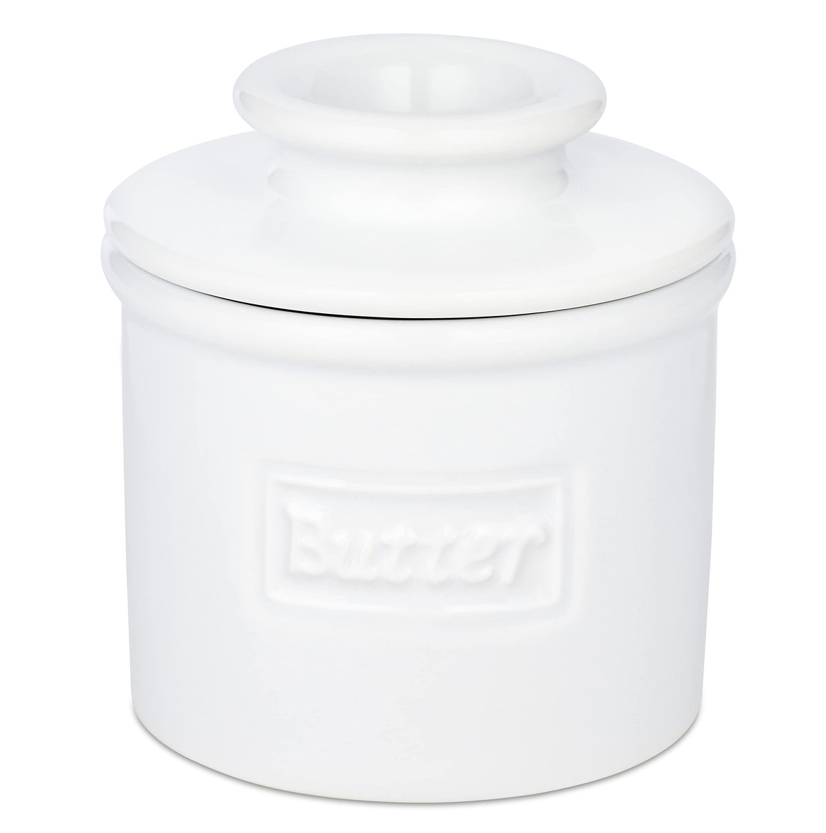 Butter Bell front view showing glossy white finish and easy countertop storage