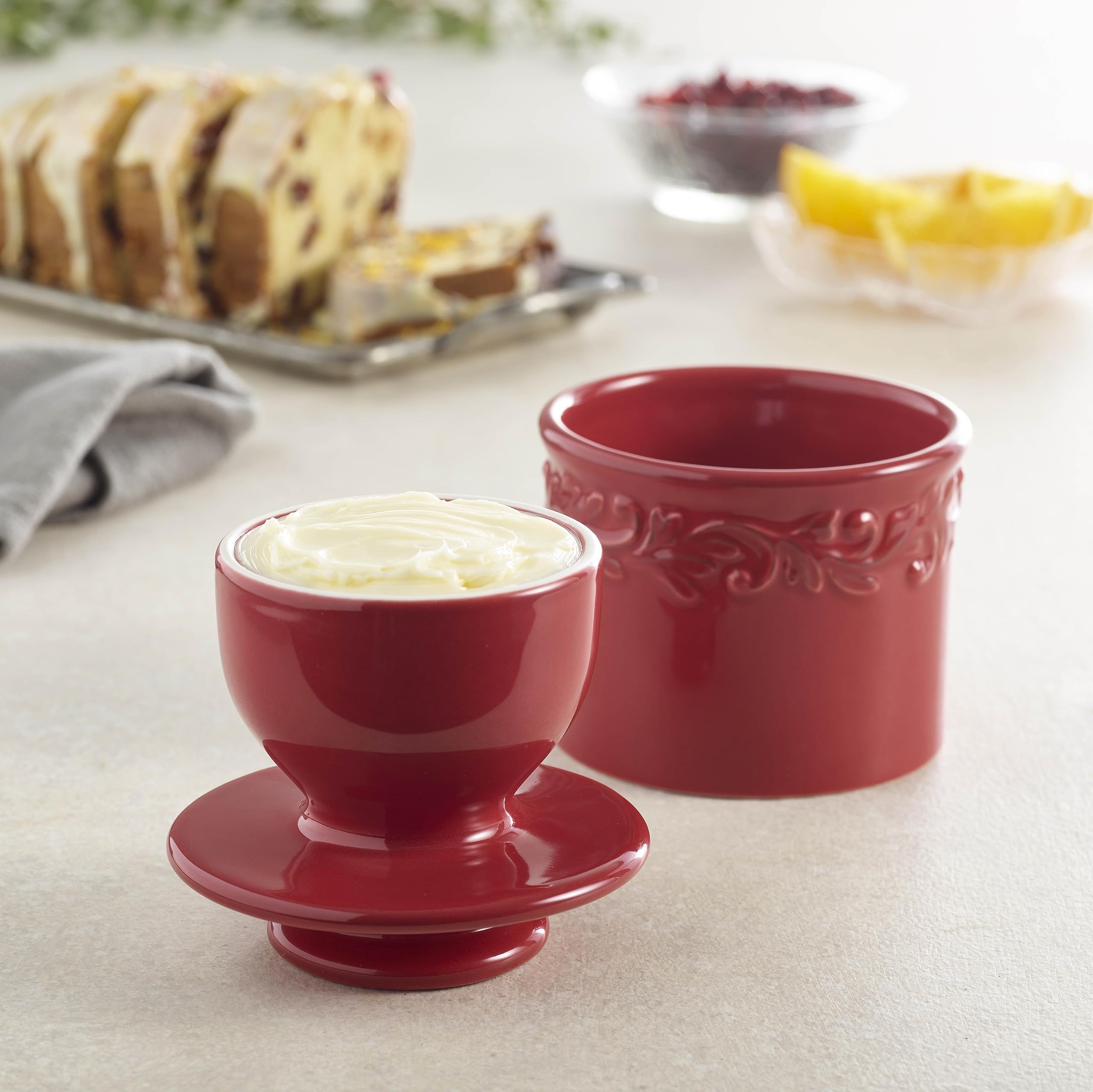 Butter Bell in kitchen lifestyle scene showing L. Tremain crock enhancing countertop aesthetics and function