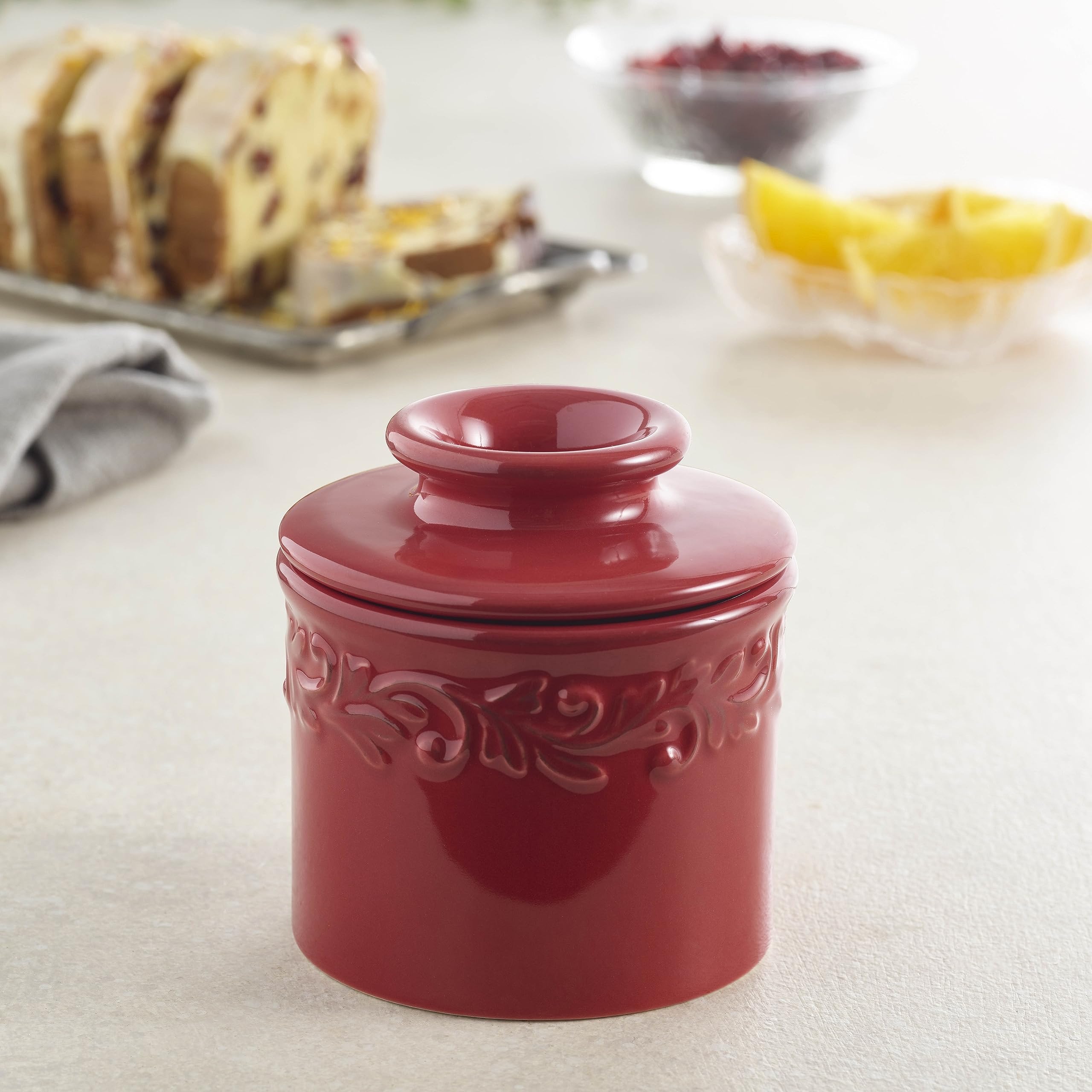 Butter Bell lid packed with butter demonstrating L. Tremain easy three-step storage for spreadable butter