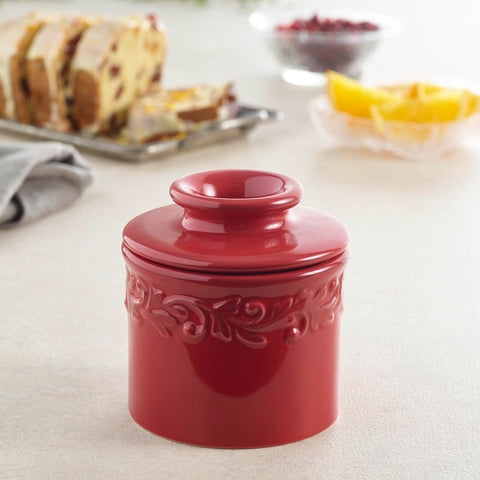 Butter Bell lid packed with butter demonstrating L. Tremain easy three-step storage for spreadable butter