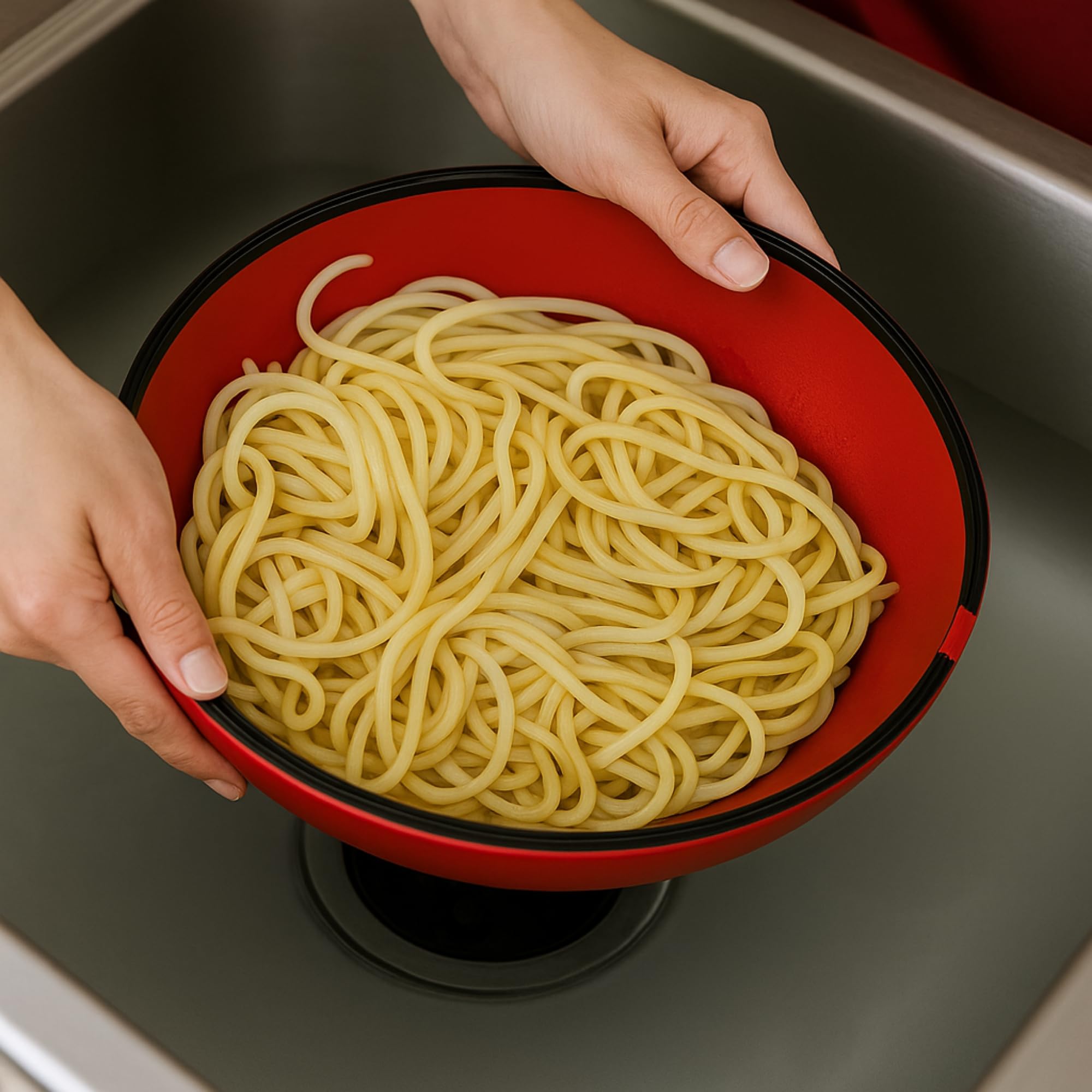 BUUBLE straining pasta over sink, doubles as colander for quick draining