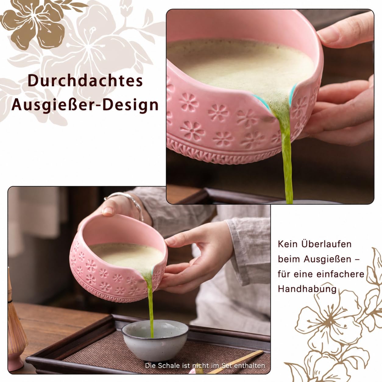 Buucup matcha set used in tea preparation scene, decorative cherry blossom towel enhancing ritual