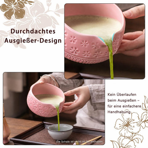 Buucup matcha set used in tea preparation scene, decorative cherry blossom towel enhancing ritual