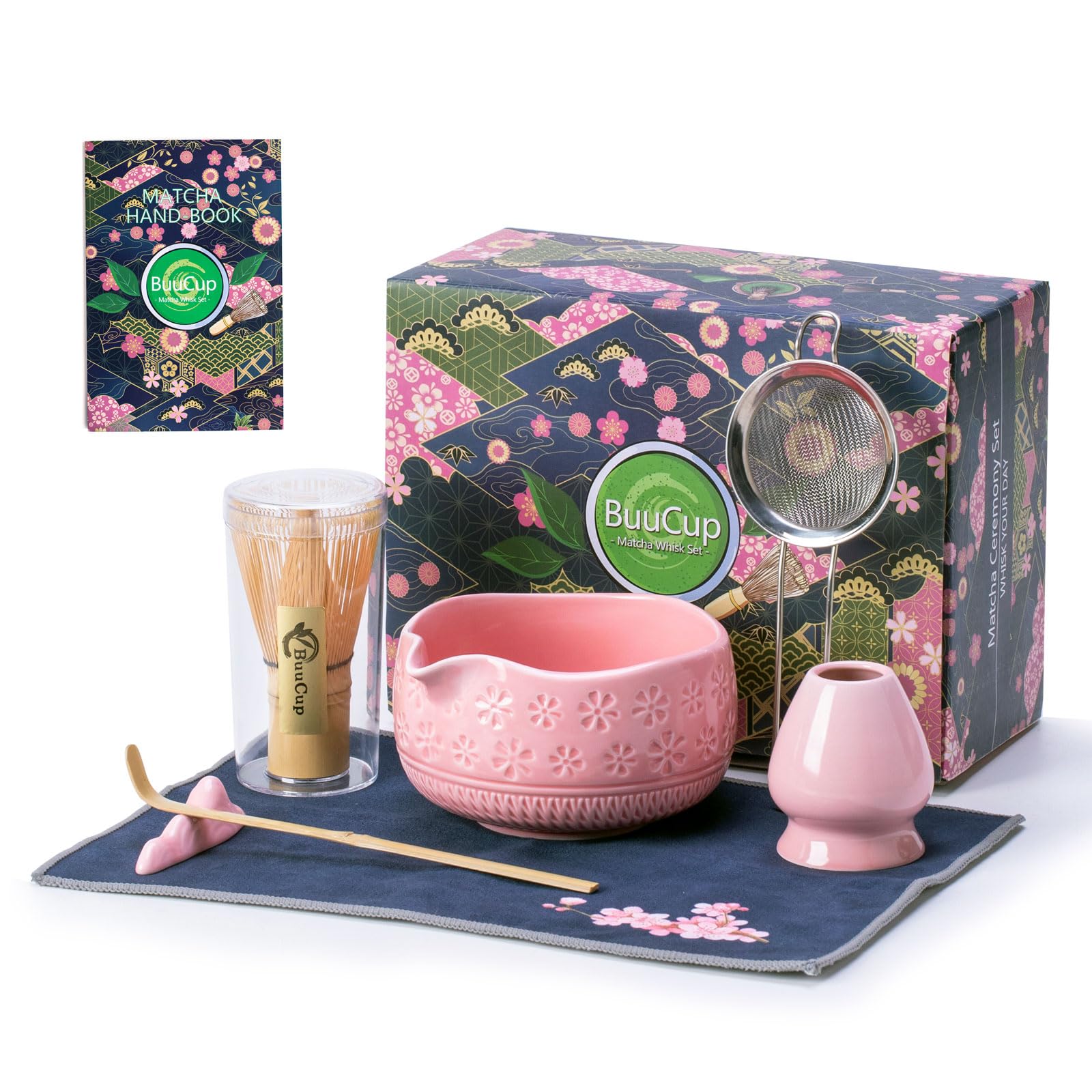 Buucup full matcha set front view showing pink cherry blossom design and tools, elegant presentation