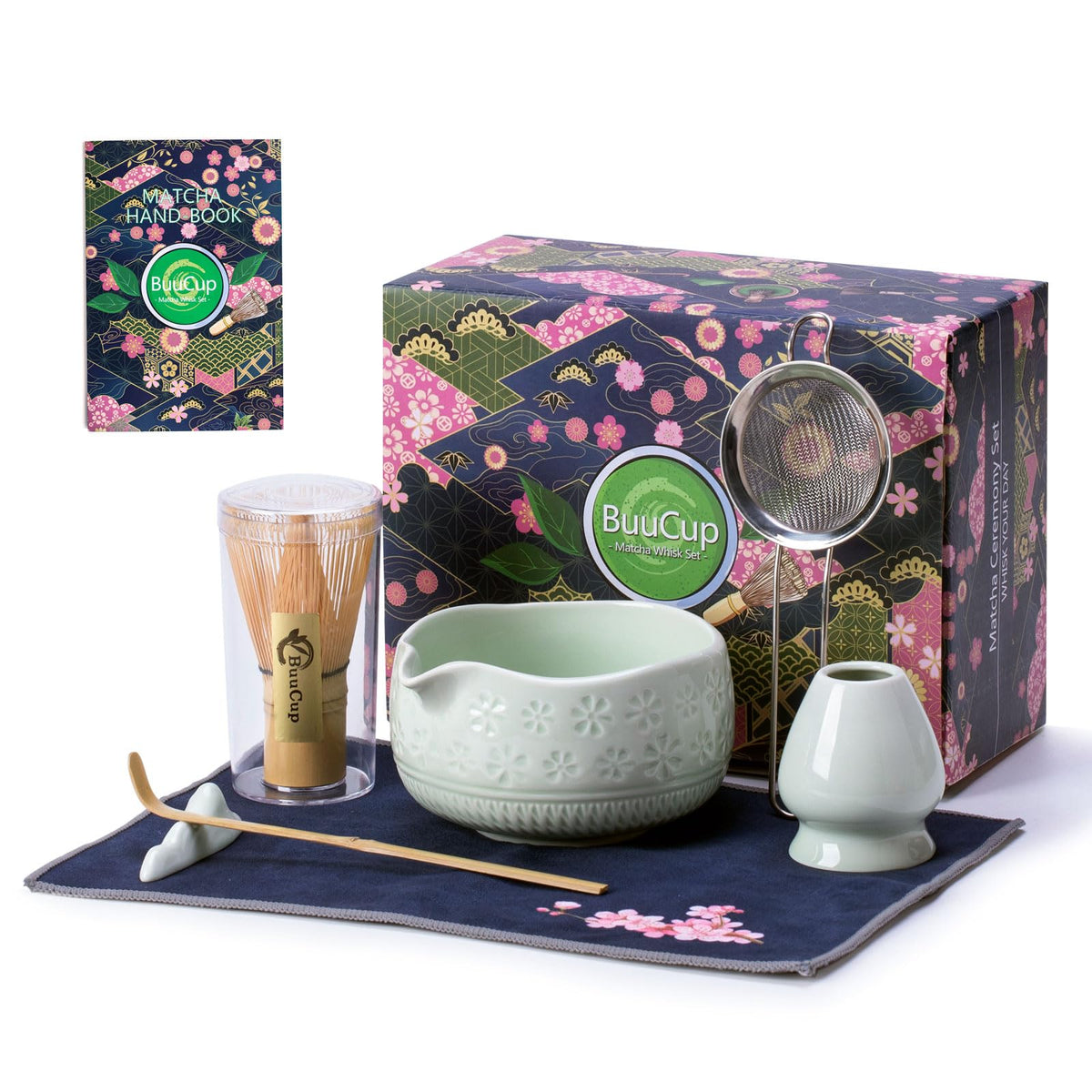 Buucup matcha set front view showing bowl and accessories for elegant preparation
