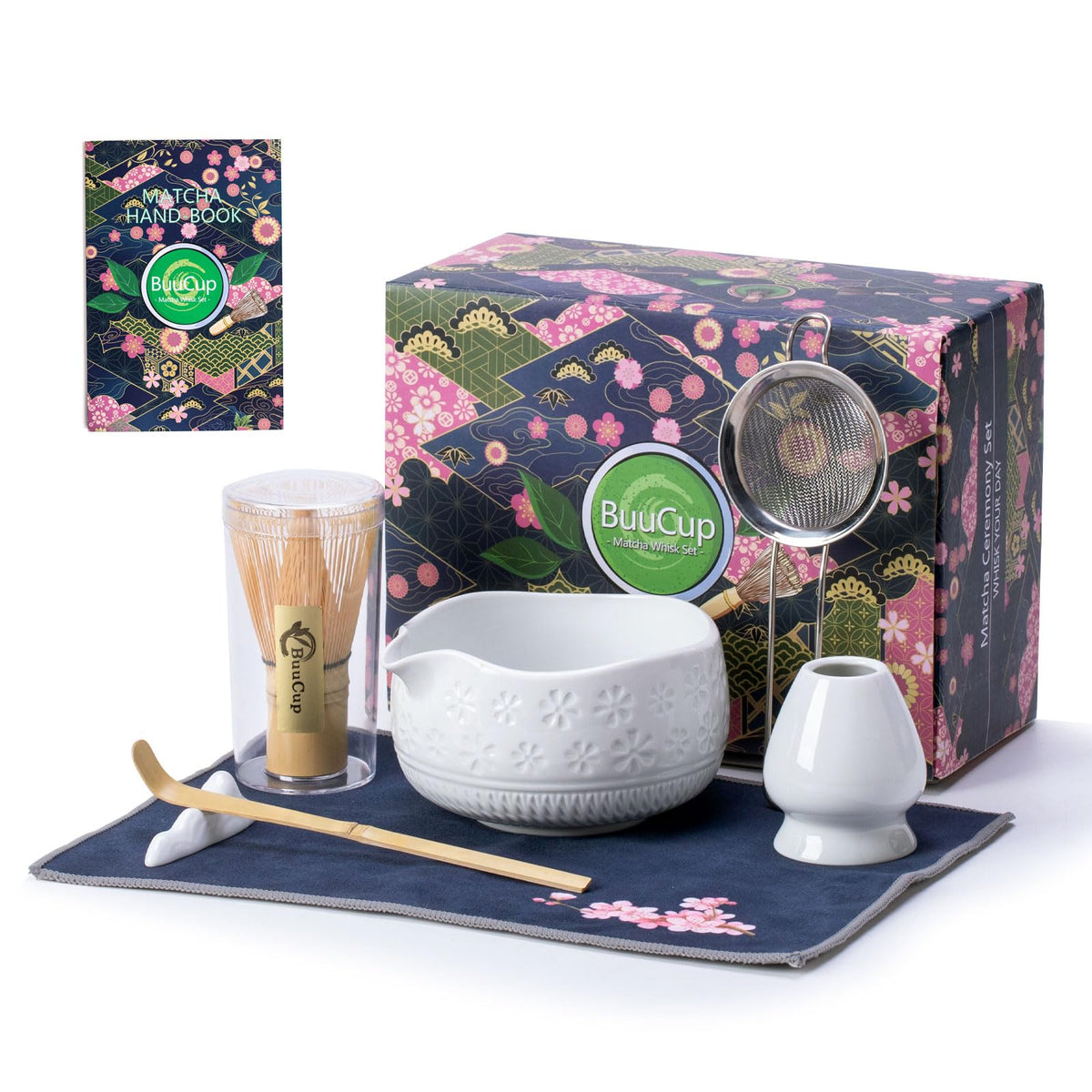 Buucup matcha set front view showing bowl and bamboo tools for elegant preparation