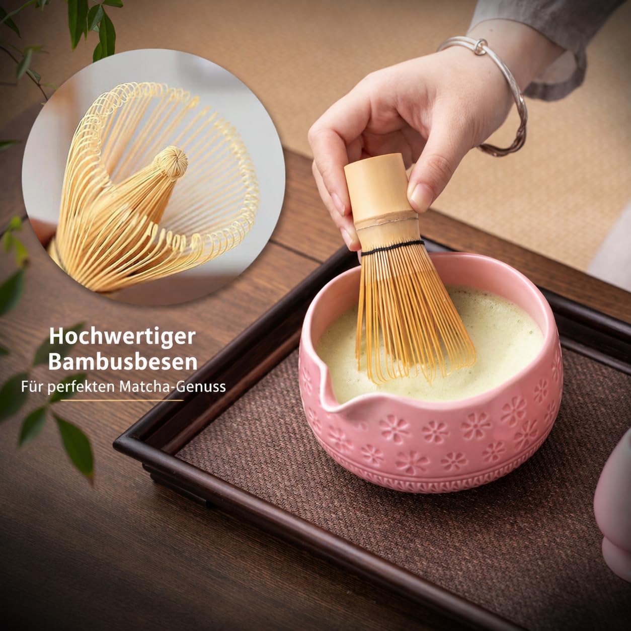 Buucup stainless-steel sifter and bamboo scoop detail for clump-free matcha and accurate measures