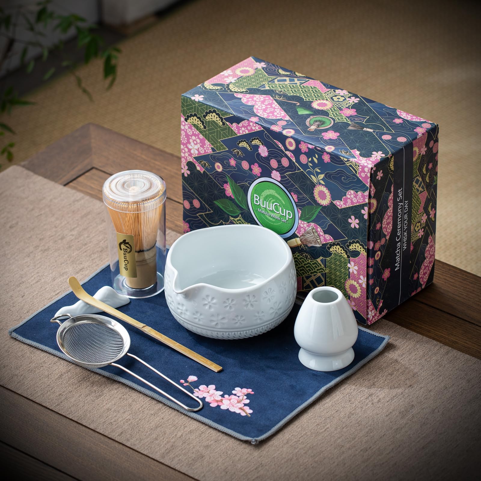 Buucup cherry blossom tea towel styled in a kitchen for decorative, gift-ready presentation