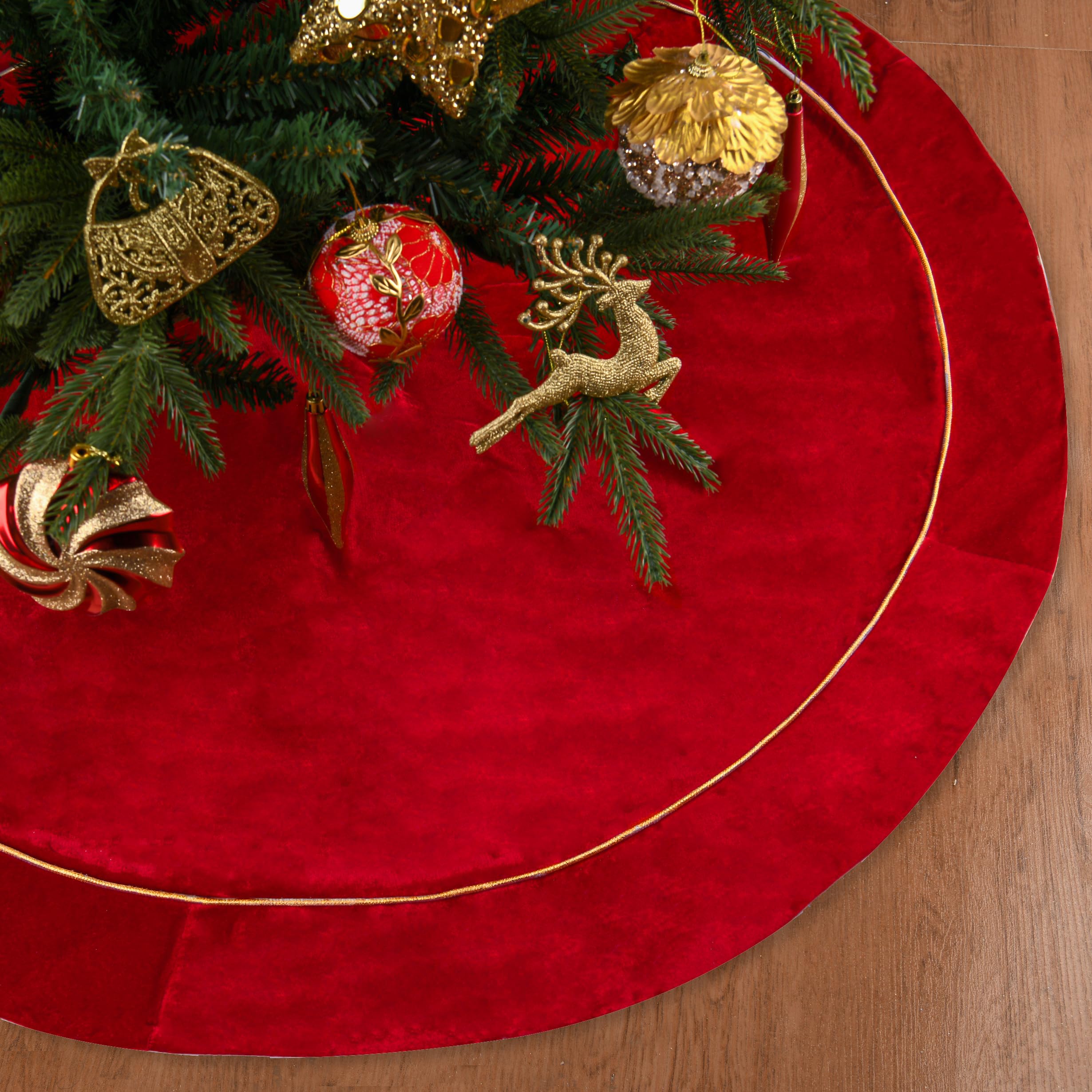 BUVANE front view of red velvet tree skirt showing festive coverage and elegance