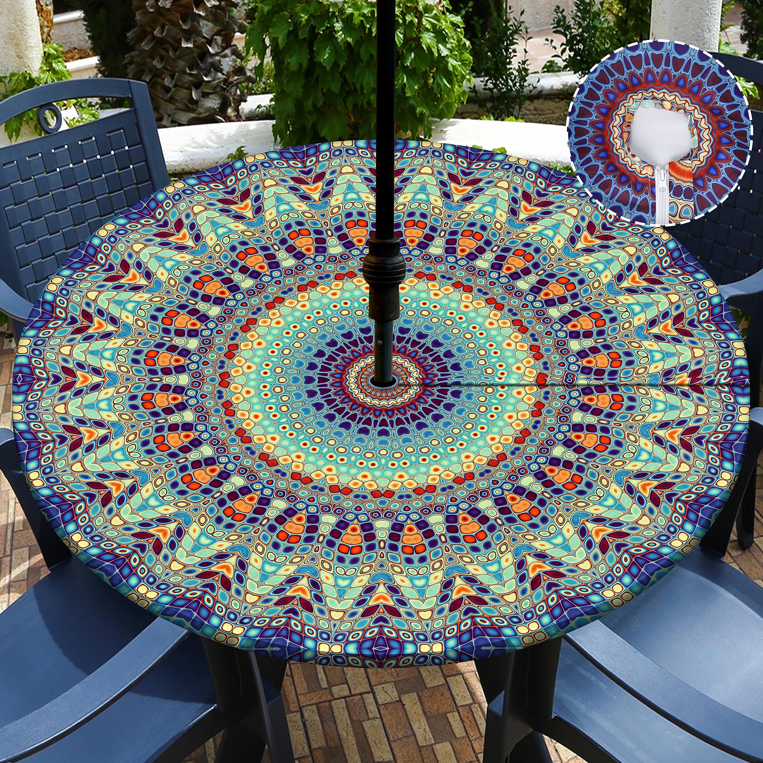Buwuta front view of round tablecloth protecting patio table, stylish protection