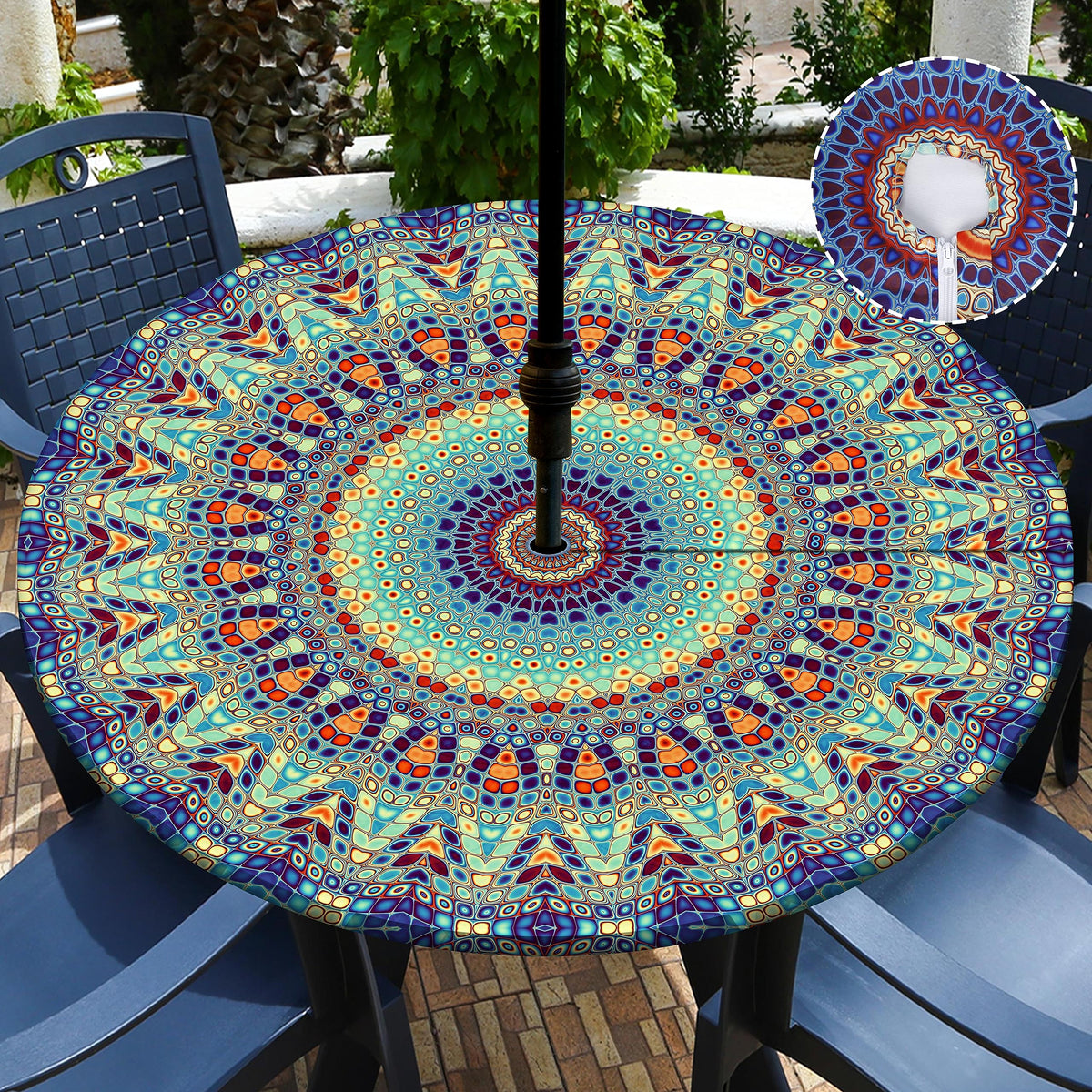 Buwuta front view of round tablecloth protecting patio table, stylish protection