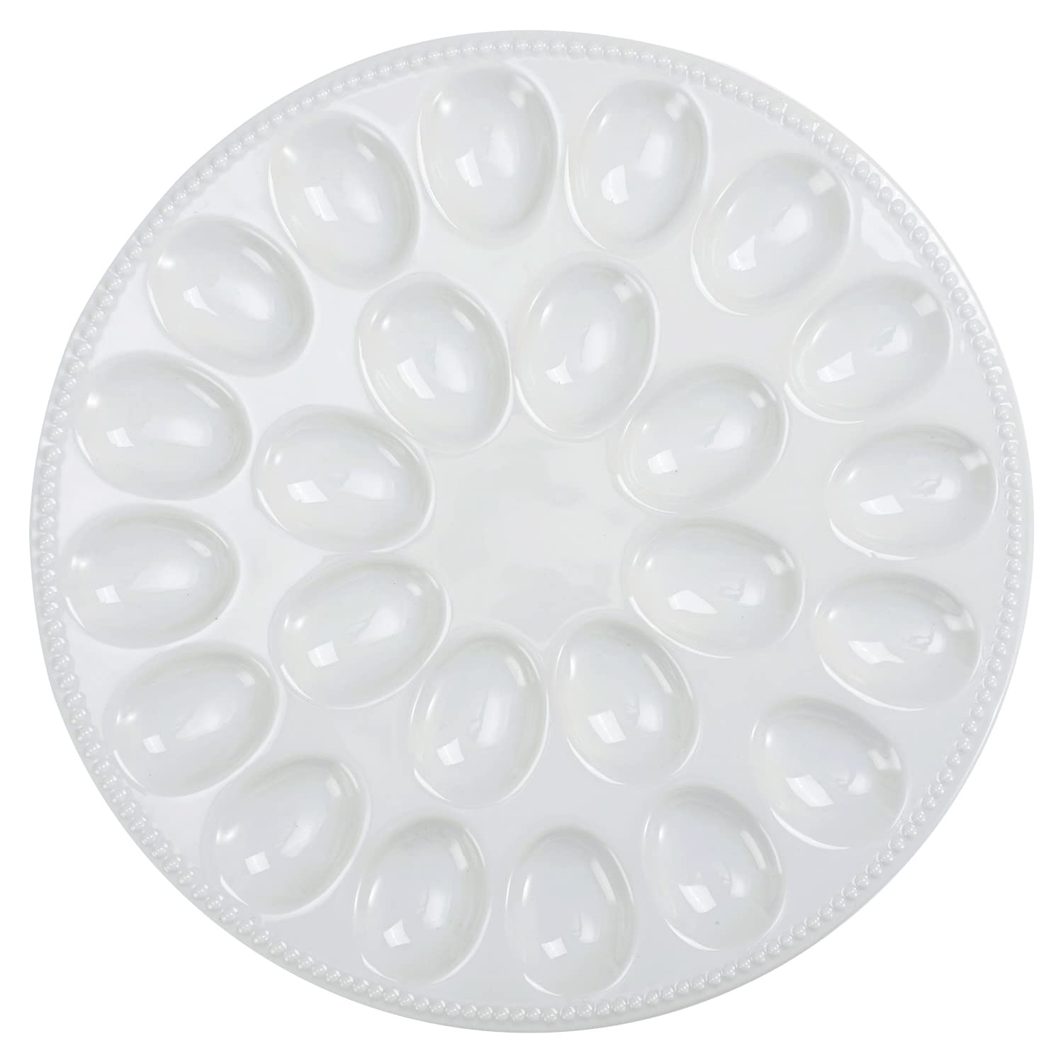 Buyajuju front view of white deviled egg plate showing 24 wells and tidy presentation