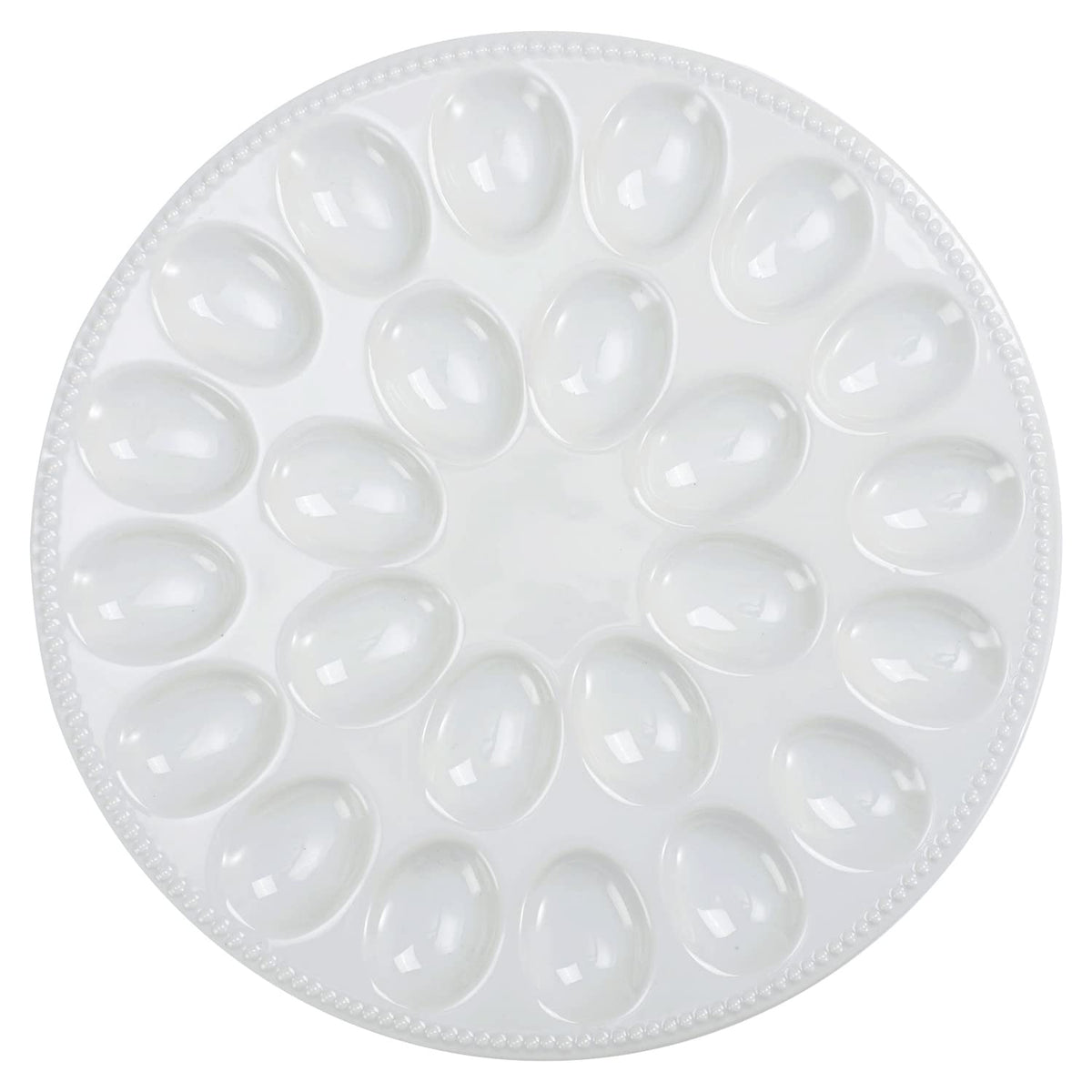 Buyajuju front view of white deviled egg plate showing 24 wells and tidy presentation