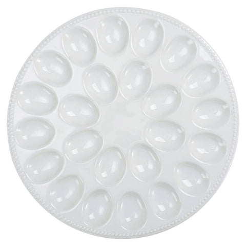 Buyajuju front view of white deviled egg plate showing 24 wells and tidy presentation
