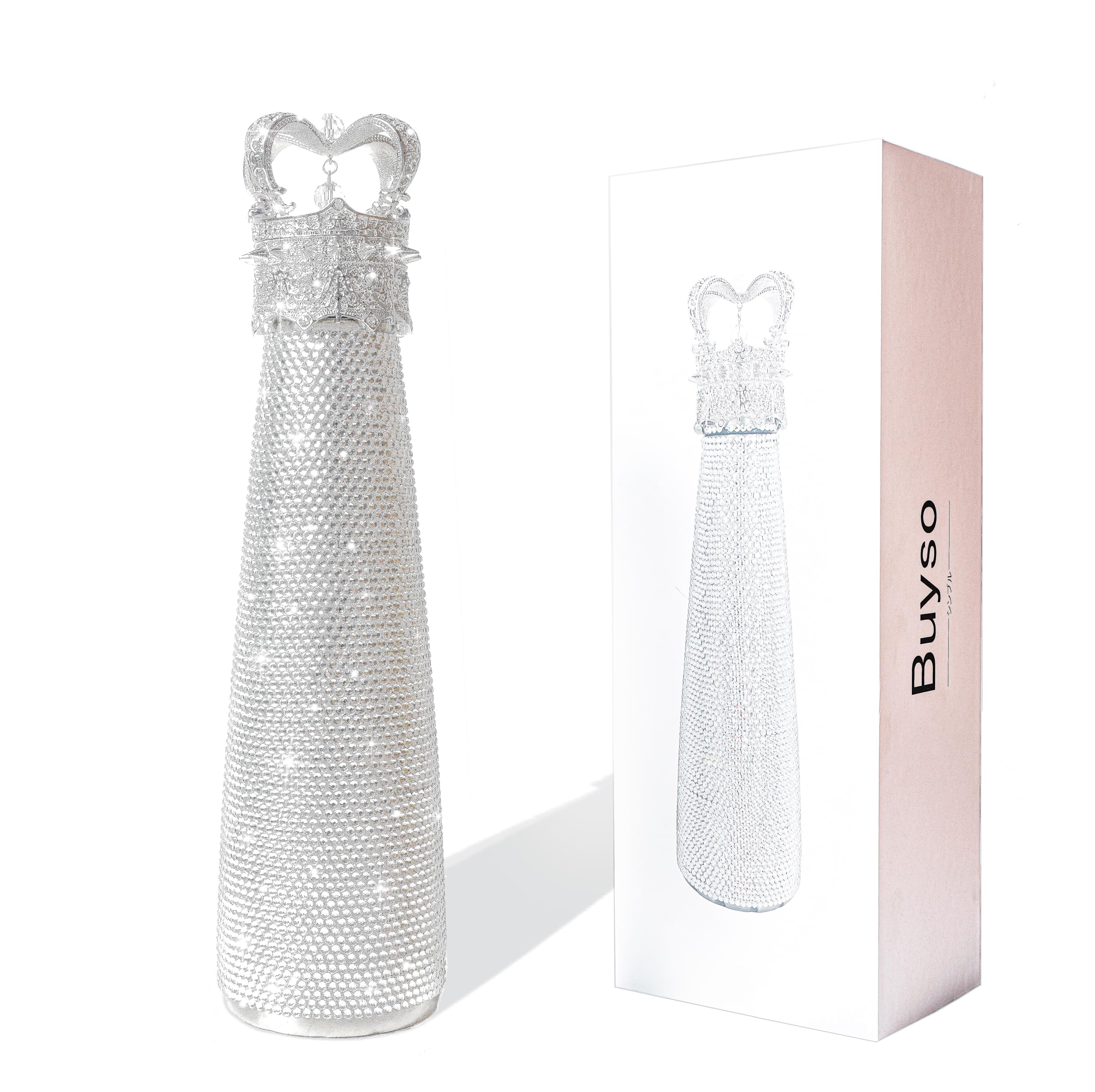 Buyso front view showing silver rhinestone-covered bottle and packaging for gift appeal