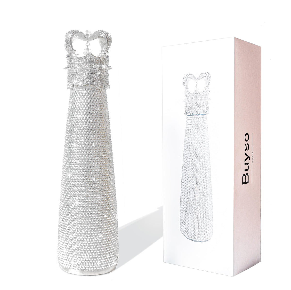 Buyso front view showing silver rhinestone-covered bottle and packaging for gift appeal