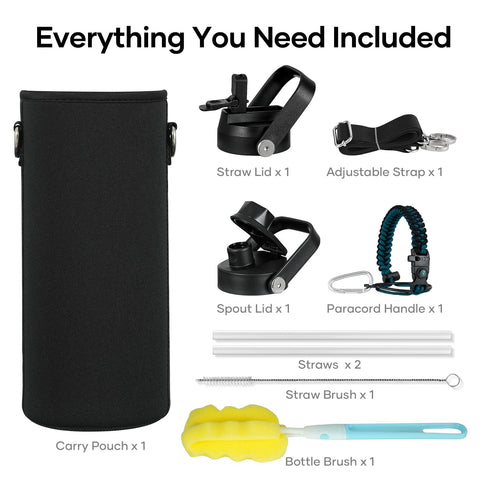 BUZIO accessories laid out including pouch extra lids straws and cleaner for upkeep