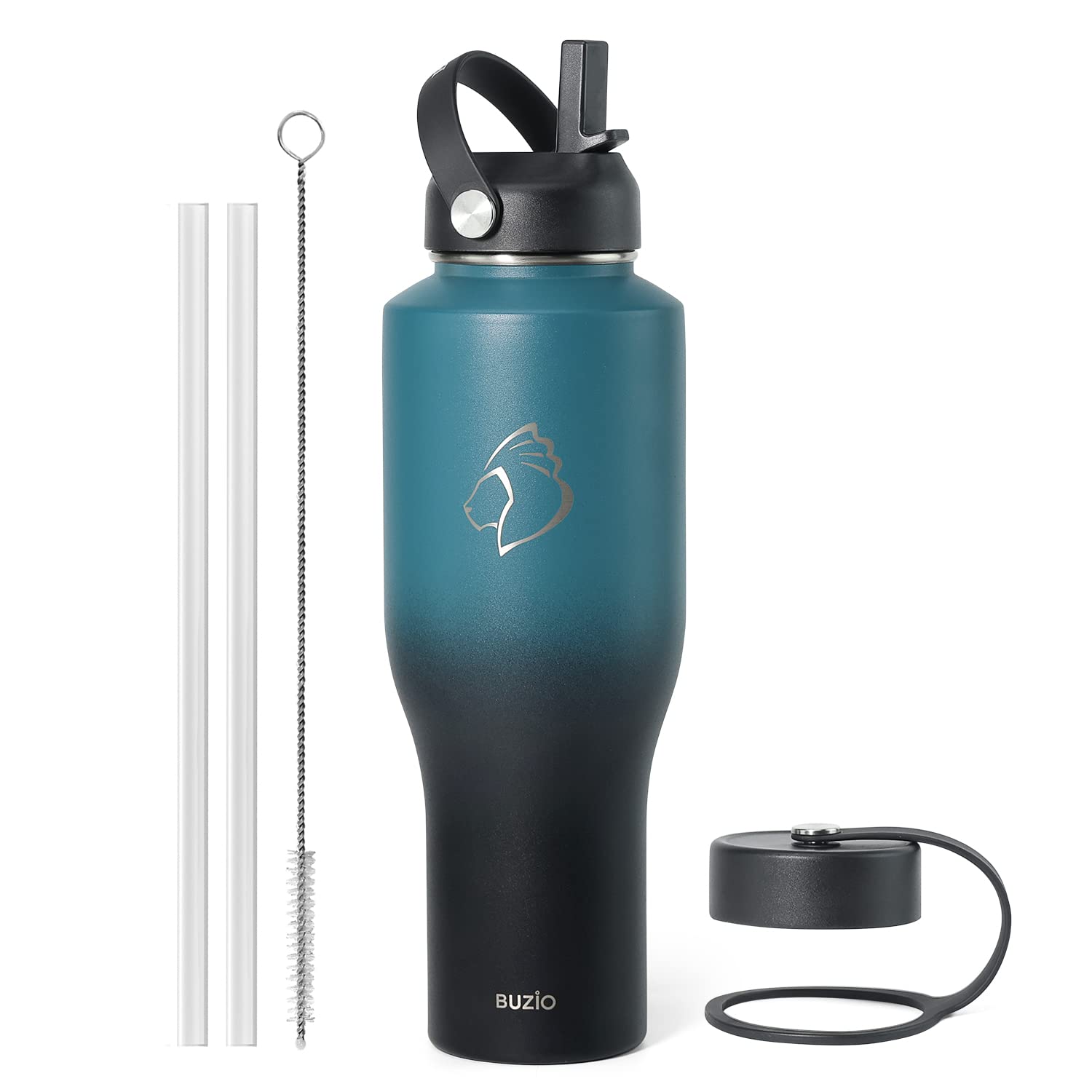 BUZIO front view of 40 oz bottle showing sleek T-shape and portability