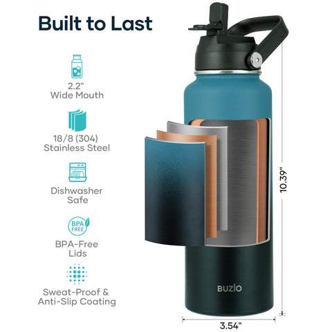 BUZIO insulation cutaway illustrating double-wall vacuum keeping drinks longer