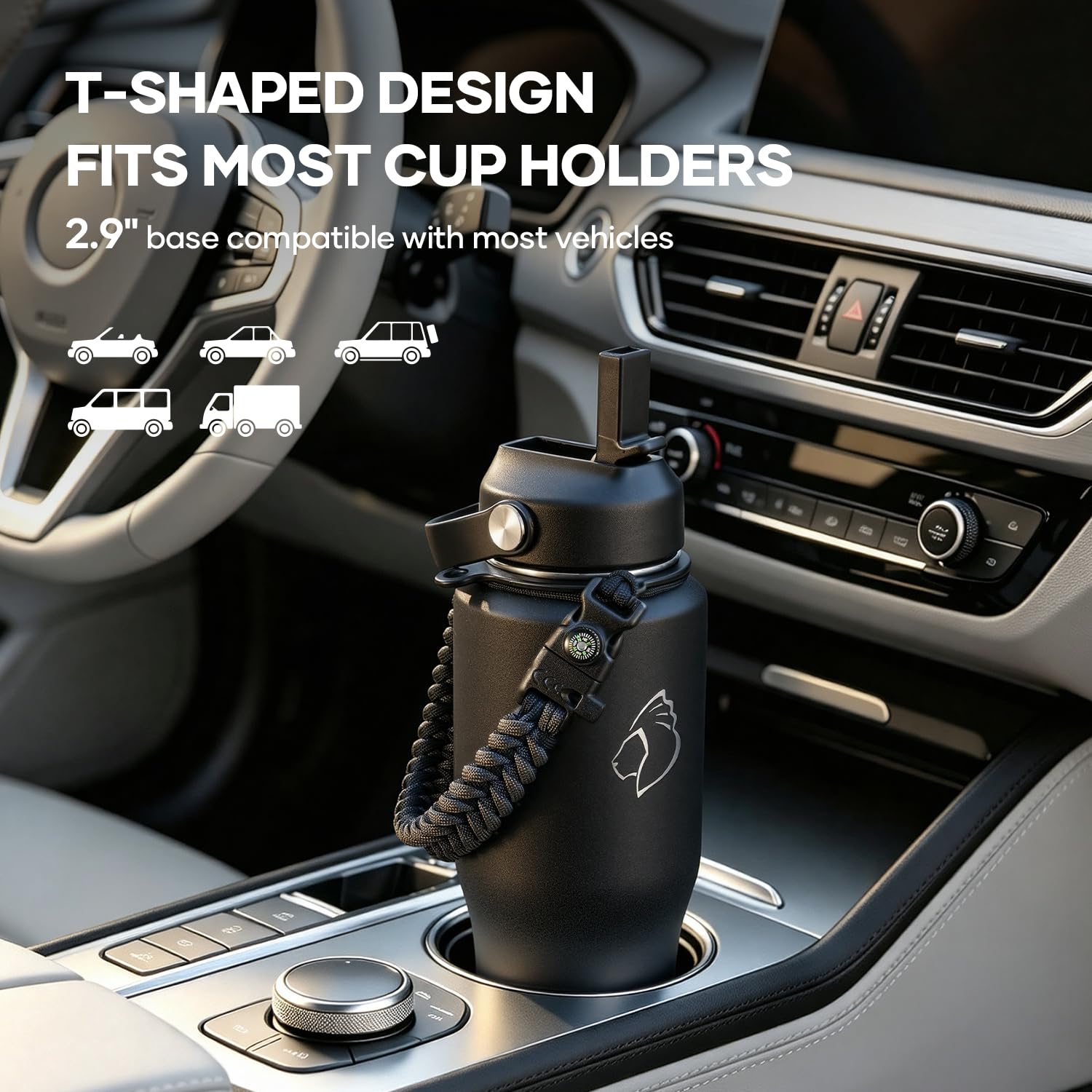 BUZIO side profile highlighting T‑shape design that fits narrow cup holders