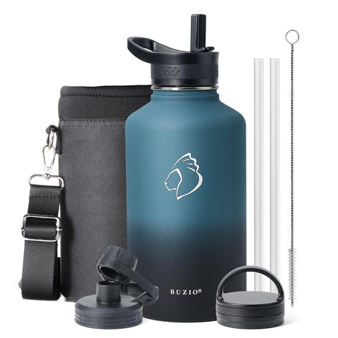 BUZIO front view of 64oz jug showing label and durable finish benefit