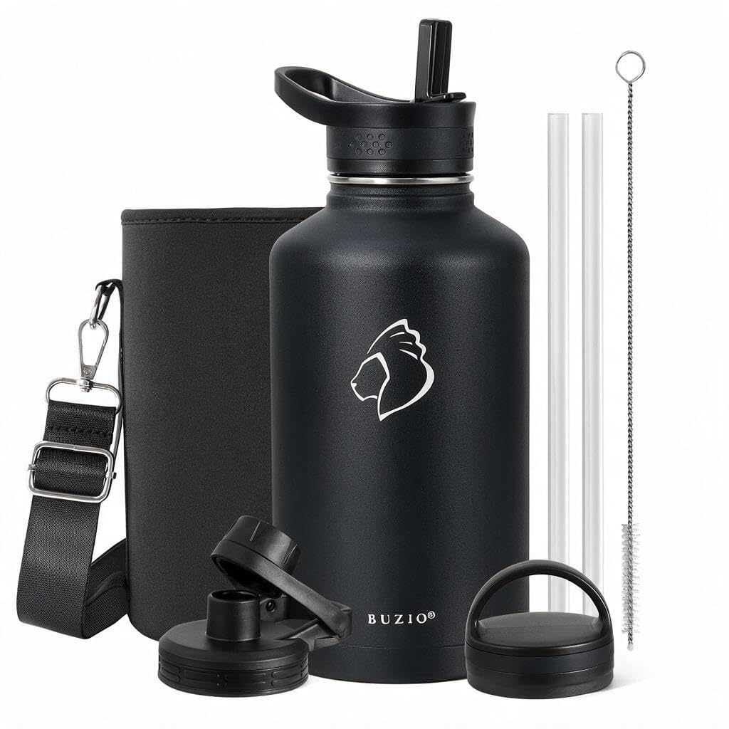 BUZIO front view showing 64oz jug and packaging, highlights durability