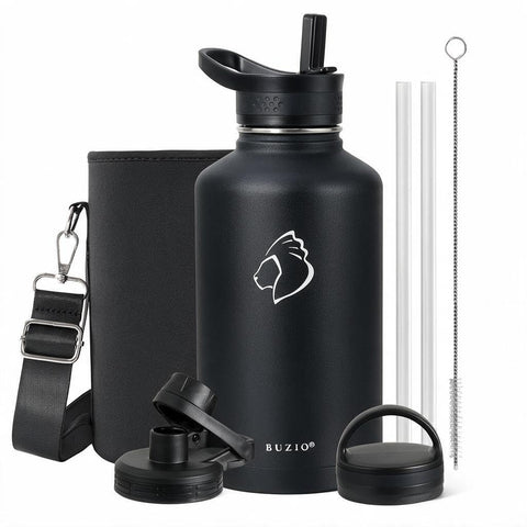BUZIO front view showing 64oz jug and packaging, highlights durability