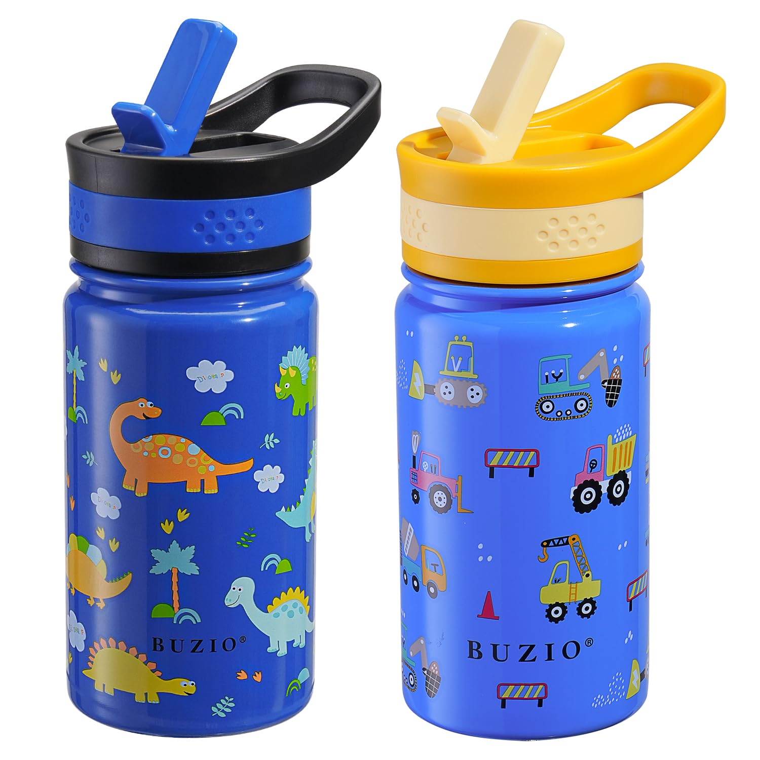 BUZIO front view showing construction car and dinosaur designs, easy identification for kids