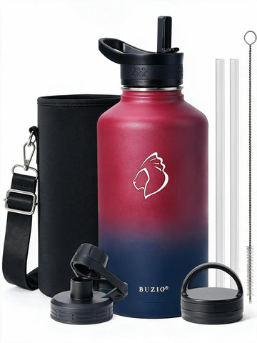 BUZIO front view showing ruby red bottle and box, highlights gift-ready presentation