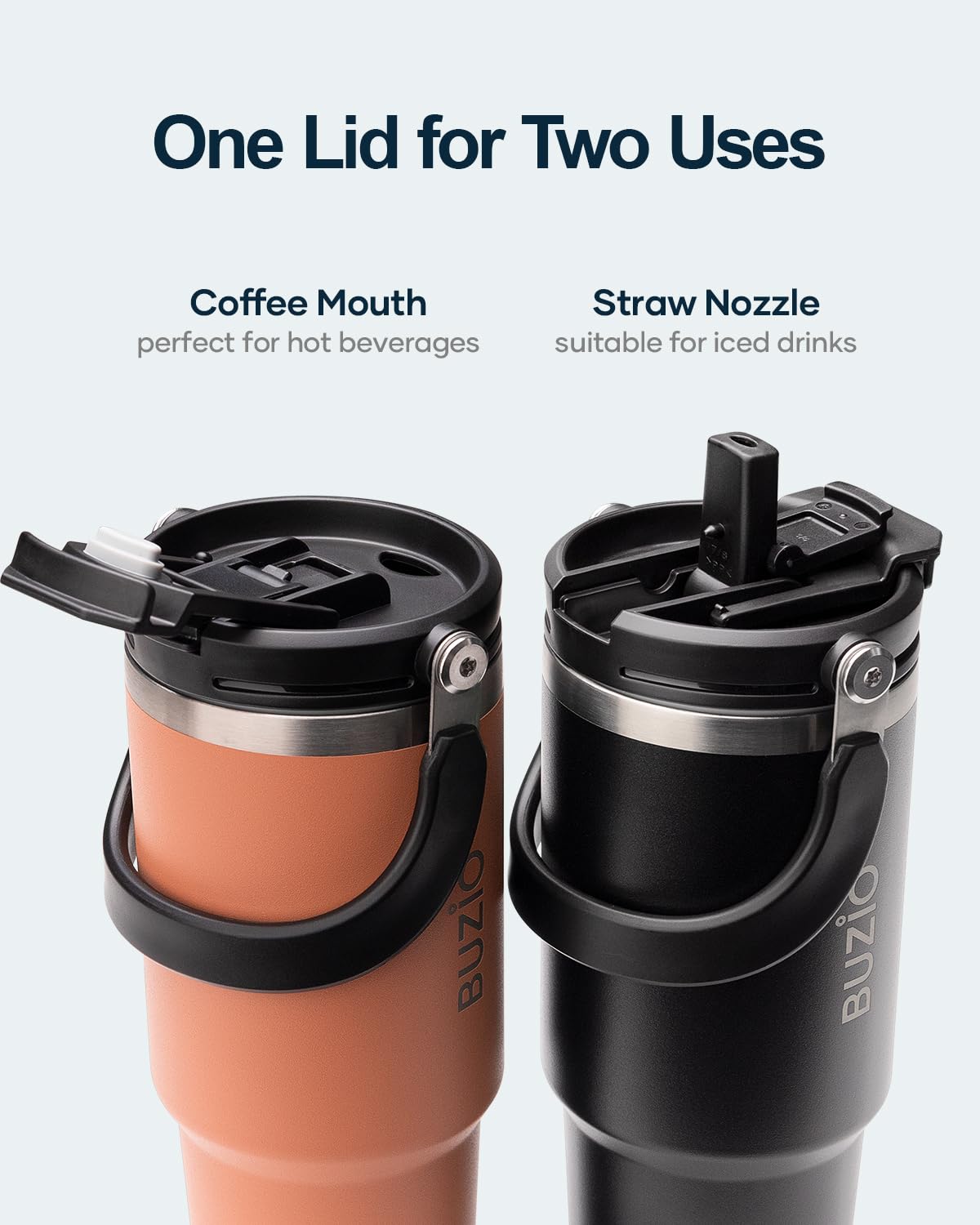 BUZIO side profile black tumbler with ergonomic handle for comfortable carrying