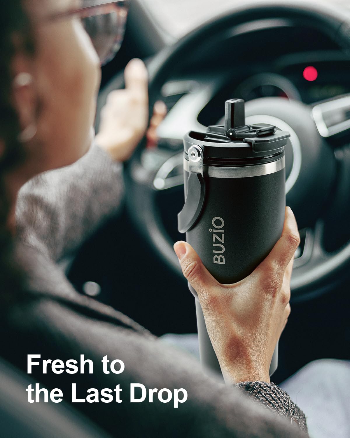 BUZIO in car cup holder demonstrating slim base fit and travel convenience