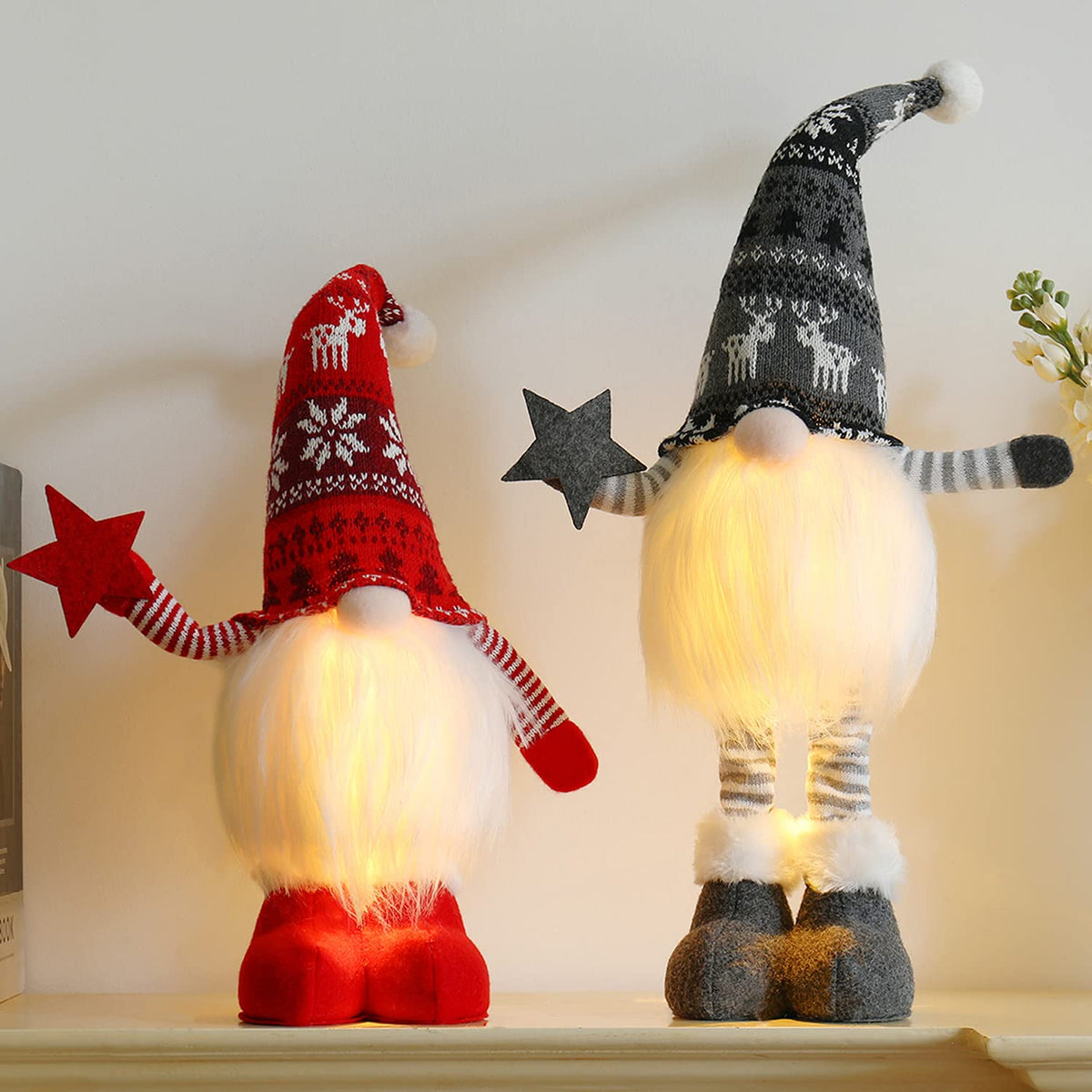 BWFY front view of both lighted gnomes showing festive glow