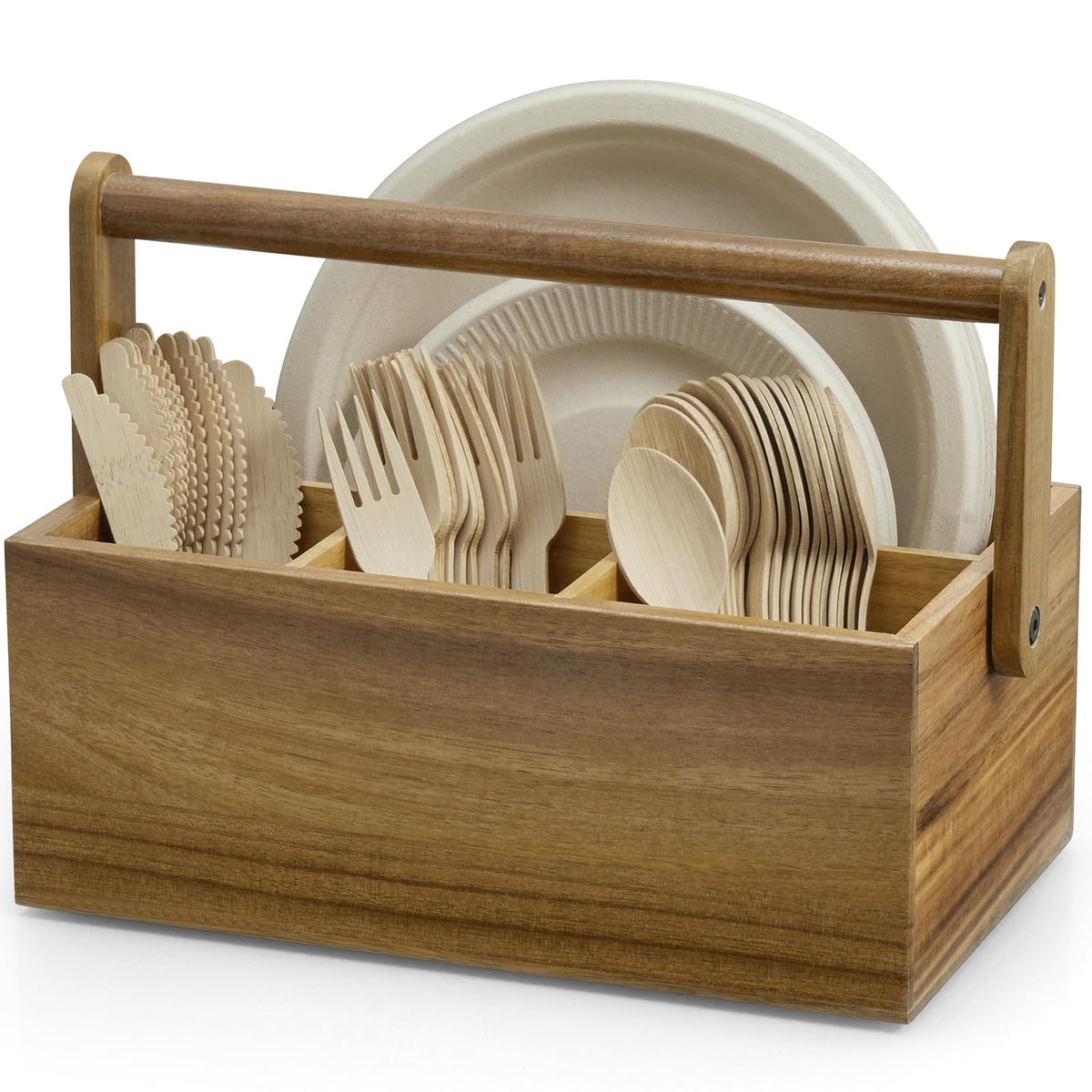 BWODYAY front view showing acacia dispenser organizing plates and utensils for easy serving