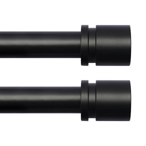 Byondeth front view packaging showing two black curtain rods and finials, highlights complete set