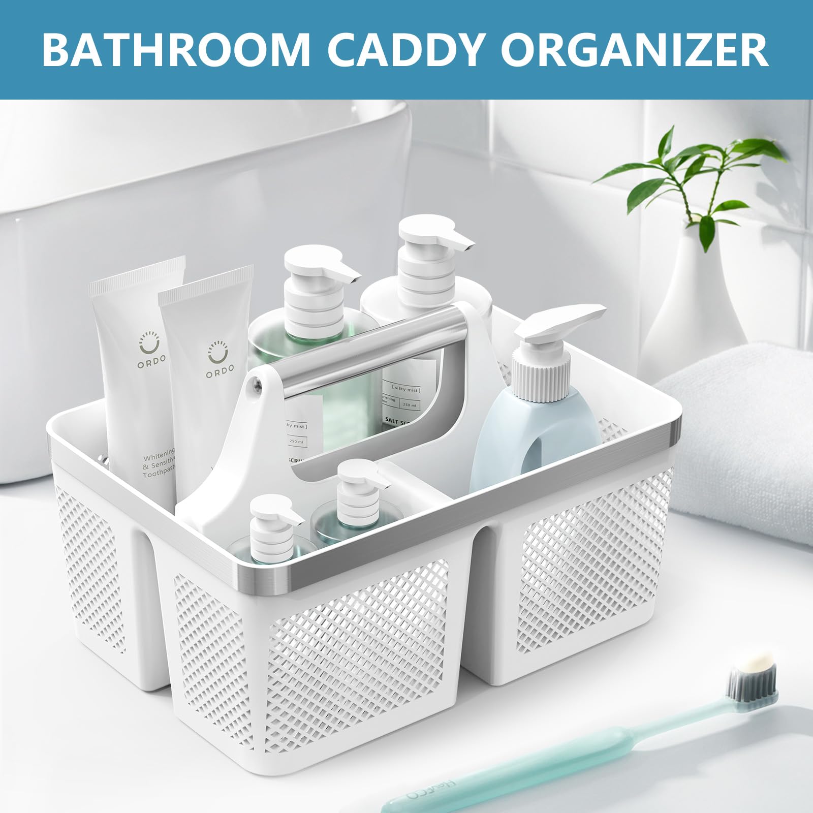 BYUNER filled with shampoo and soap on shelf for neat storage