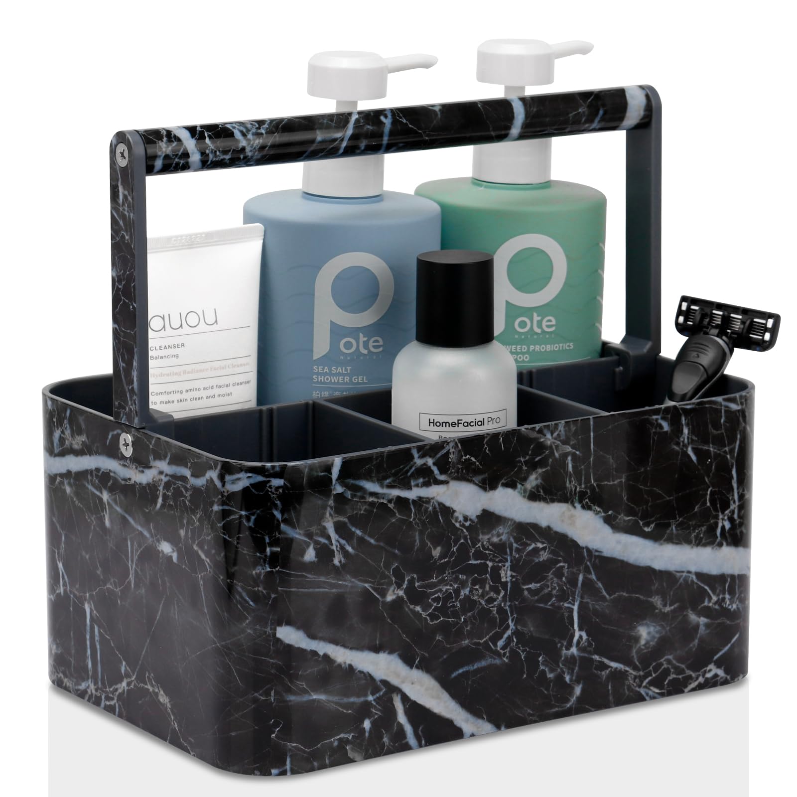 BYUNER front view of black marble caddy showing tidy storage benefit