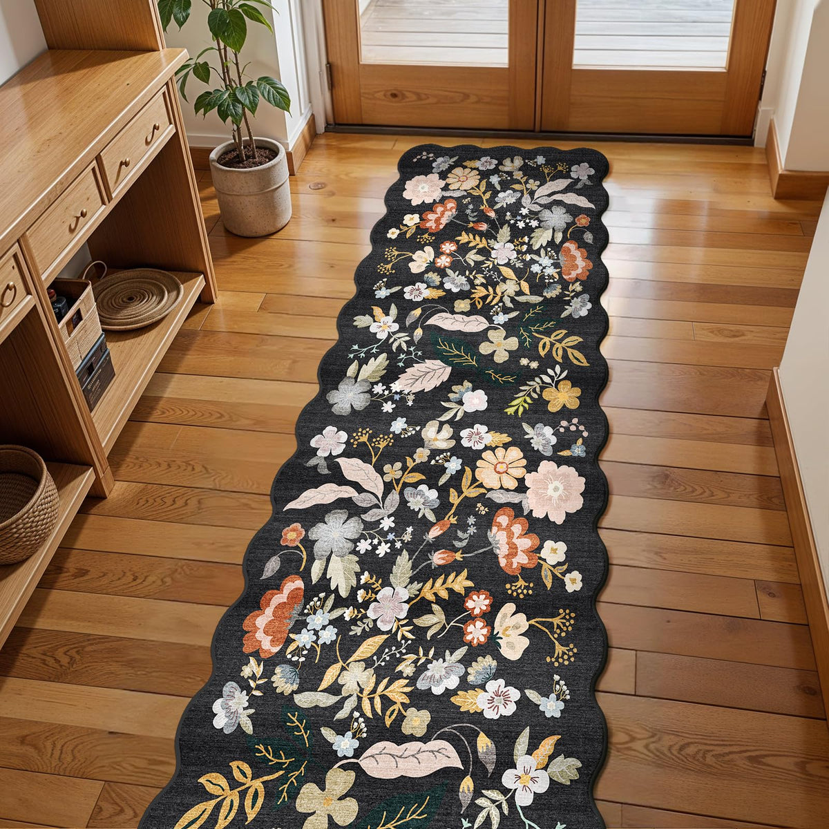 BYYVOO front view of black scalloped runner showing pattern and edges, adds vintage charm