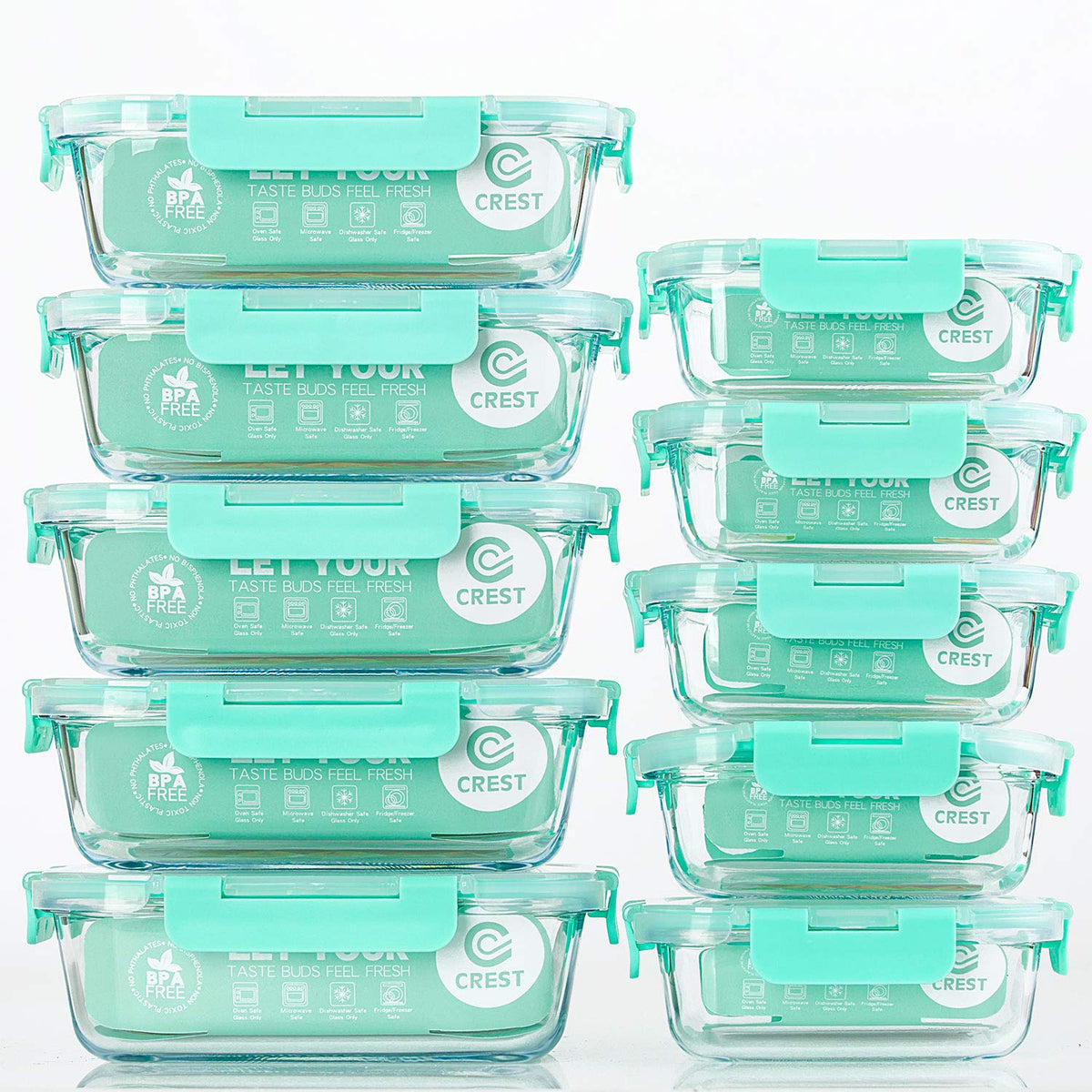 C CREST front view of 10-pack glass containers showing set and lids for organized storage