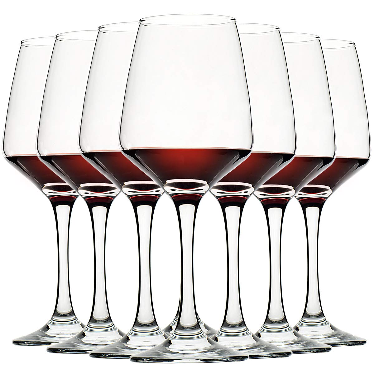 C CREST front view of eight clear wine glasses showing elegant set benefits