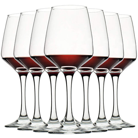 C CREST front view of eight clear wine glasses showing elegant set benefits