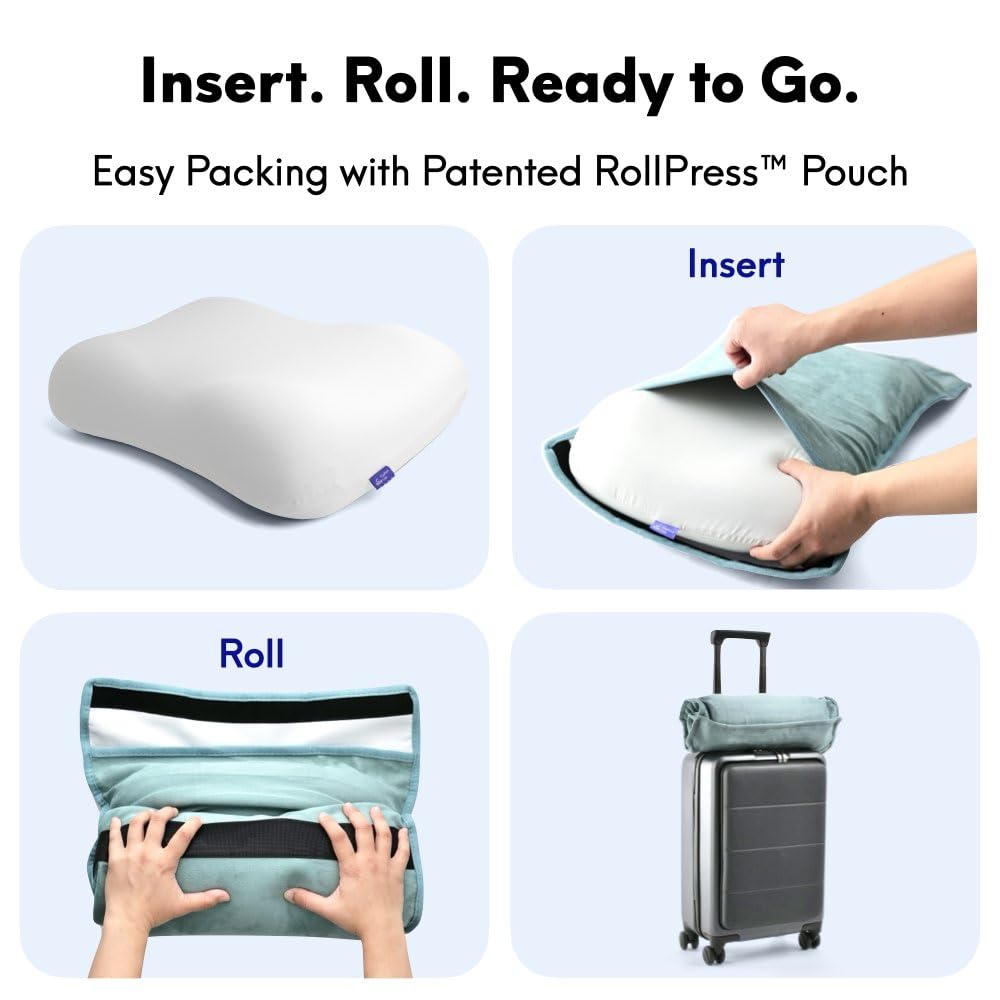 C CUSHION LAB travel pillow packed in carry-on demonstrating easy packing and portability