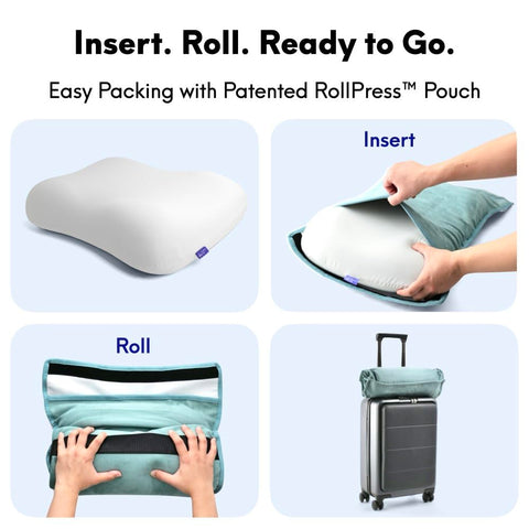 C CUSHION LAB travel pillow packed in carry-on demonstrating easy packing and portability