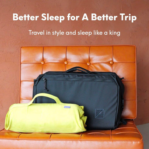 C CUSHION LAB travel pillow inside a suitcase showing space-saving and travel-ready benefits